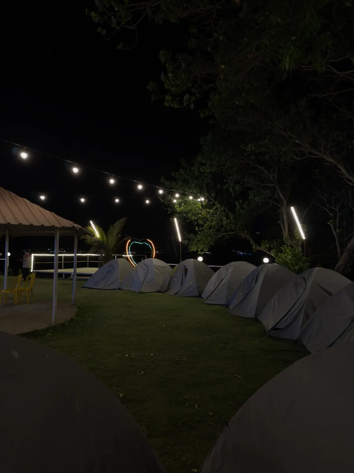 Illuminated camping tent row at night